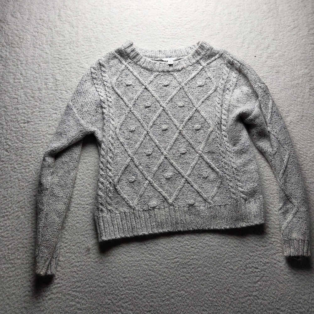 Time And Tru Sweater Womens Medium White Crew Neck Long Sleeve Cable Argyle Knit